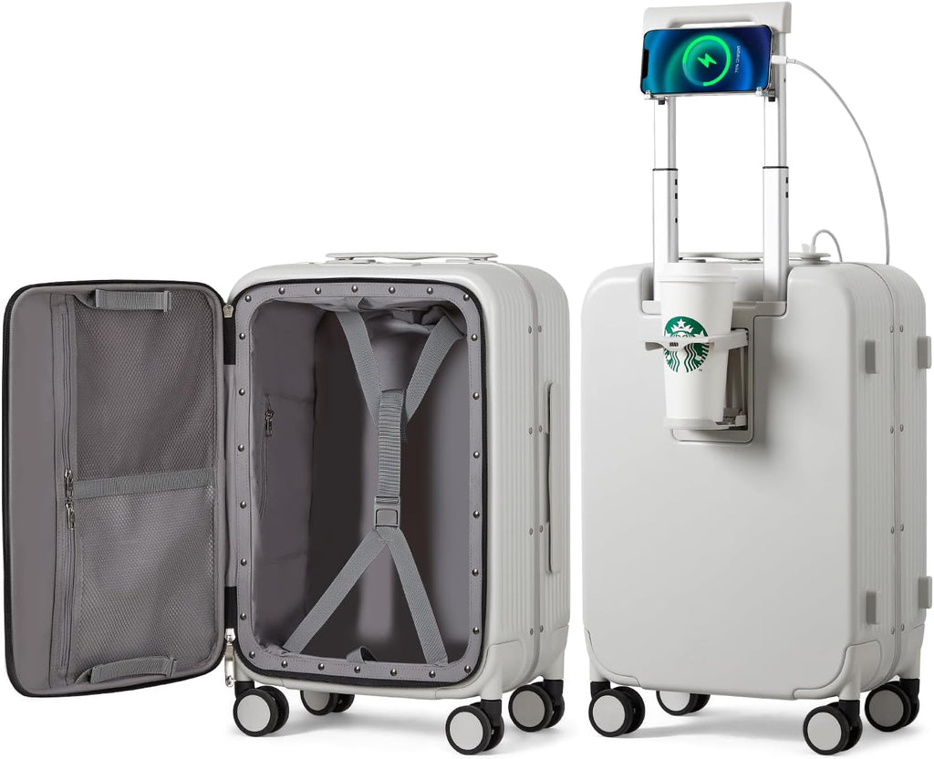 Carry on Luggage with Cup Phone Holder and Charger Hard Shell Suitcases with Spinner Wheels, 20 Inch Smoke White
