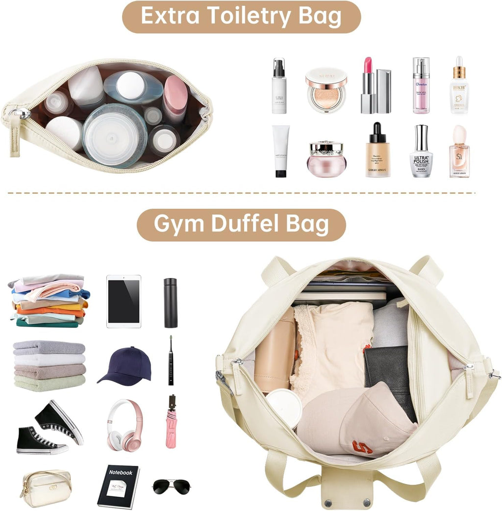 Gym Bag for Women, Personal Item Travel Bag with Shoes Compartment, Weekender Overnight Duffel Bag with Wet Pocket & USB Charging Port, Carry on Bag for Women, Travel, Gym, Weekend (Beige)
