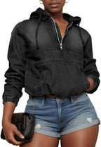 Women'S Half Zip Denim Hoodie Pullover Jackets Jean Tops