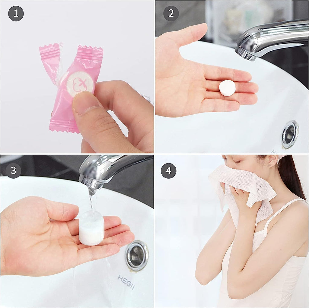 Compressed Towel 100 PCS Mini Tablets Disposable Portable Face Towel Cotton Coin Tissue for Travel, Camping, Hiking, Sport, Beauty Salon, Home Hand Wipes and Other Outdoor Activities Pink