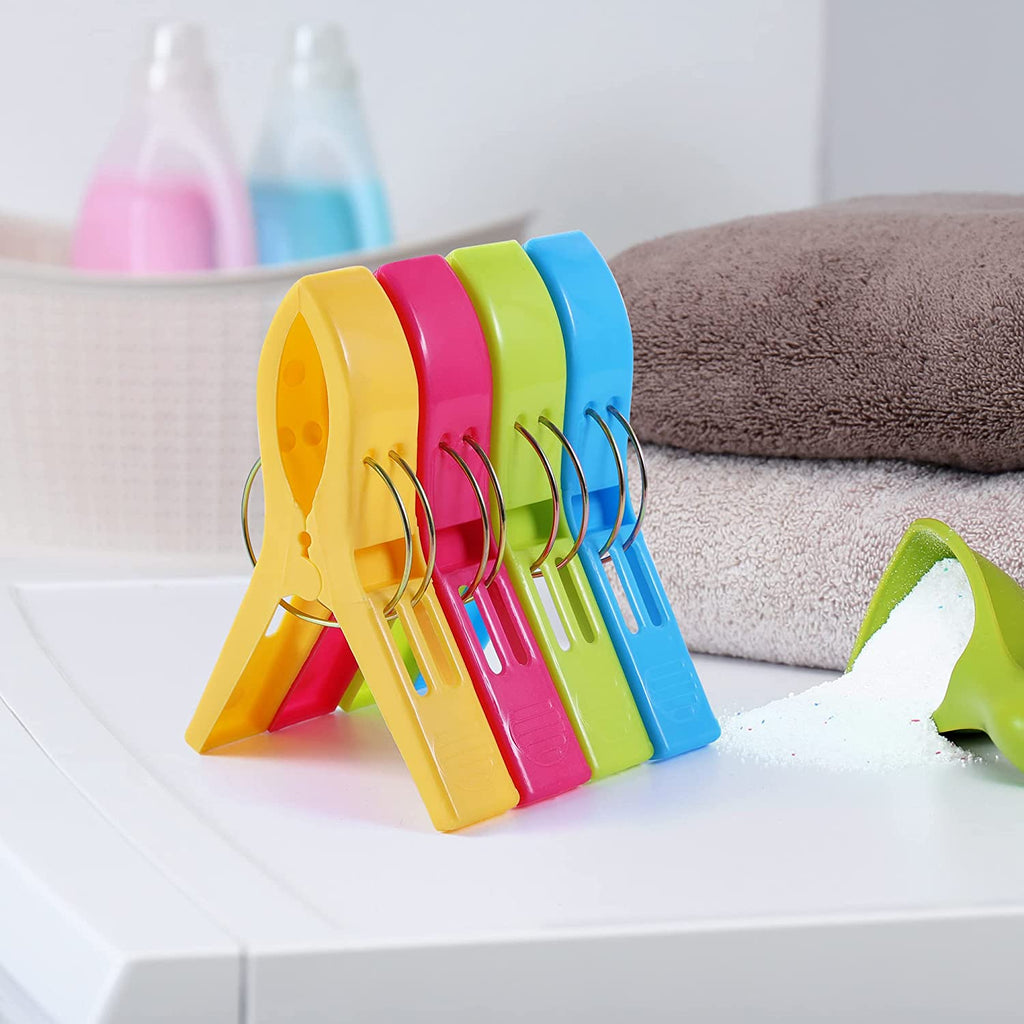 Beach Towel Clips Chair Clips Towel Holder,Plastic Clothes Pegs Hanging Clip Clamps, Yellow,Blue,Green,Red (Pack of 8)