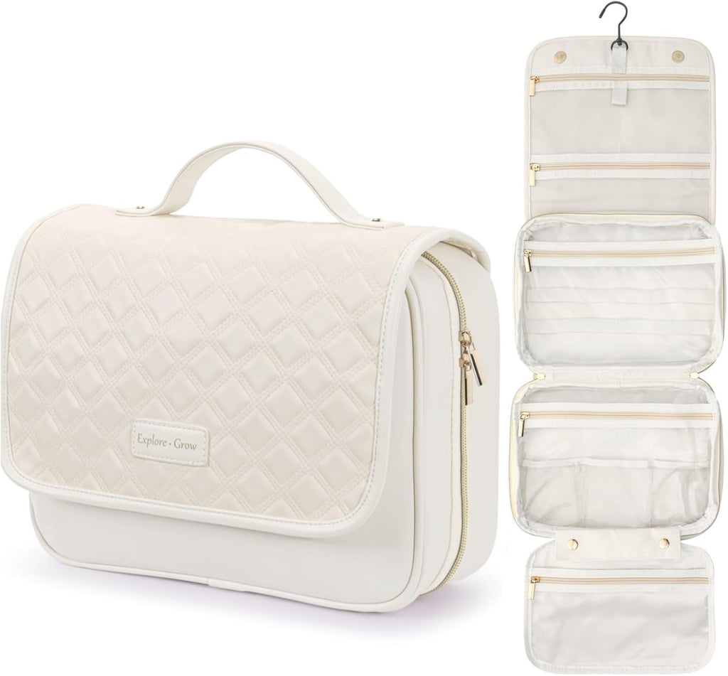 Hanging Travel Toiletry Bag for Women - Plaid Leather Travel Makeup Bag with Detachable Organizer, Waterproof Cosmetic Bag for Full-Sized Toiletries Fit Shower Bathroom Cruise, Off-White (M)