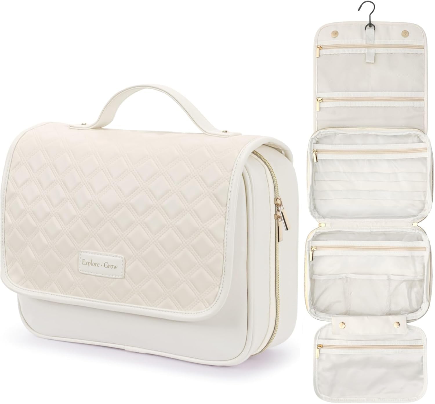 Hanging Travel Toiletry Bag for Women - Plaid Leather Travel Makeup Bag with Detachable Organizer, Waterproof Cosmetic Bag for Full-Sized Toiletries Fit Shower Bathroom Cruise, Off-White (M)