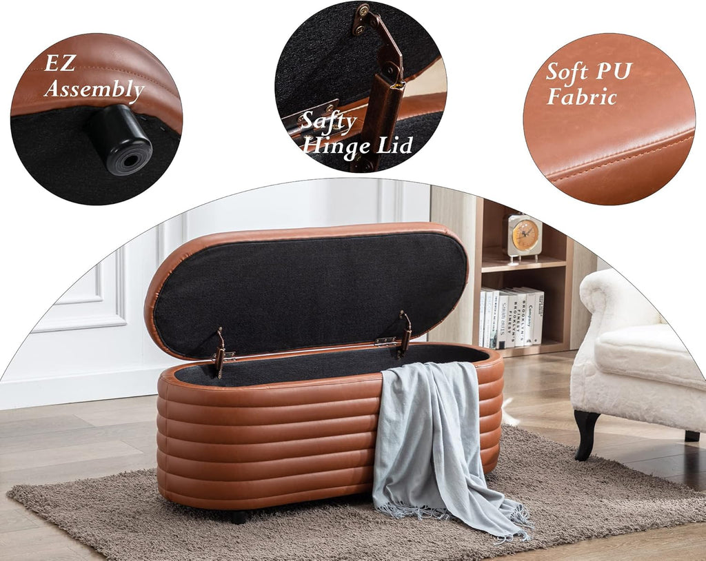 Storage Ottoman Bench Upholstered PU Leather End of Bed Stool with Safety Hinge for Bedroom, Living Room, Entryway (44.5-Inch, Brown), TN2436