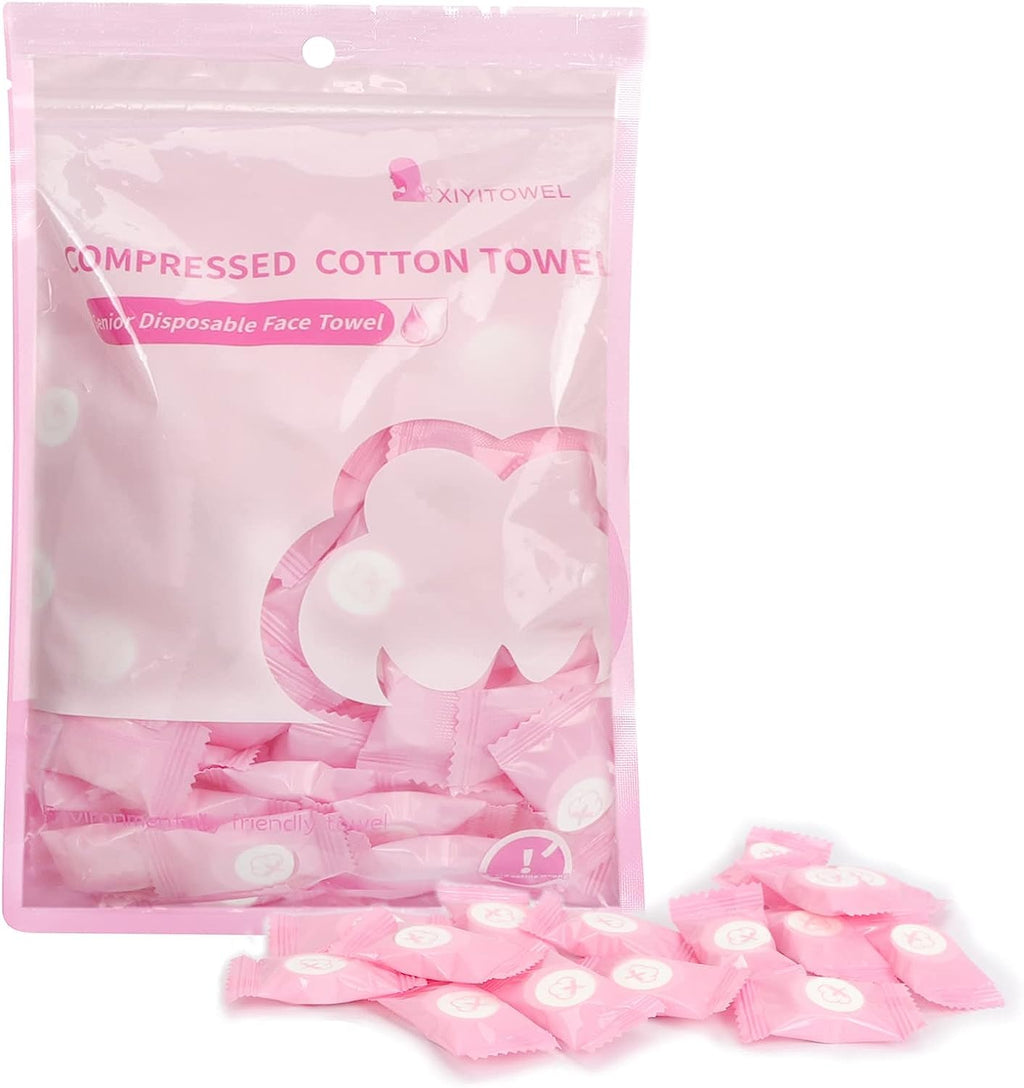 Compressed Towel 100 PCS Mini Tablets Disposable Portable Face Towel Cotton Coin Tissue for Travel, Camping, Hiking, Sport, Beauty Salon, Home Hand Wipes and Other Outdoor Activities Pink
