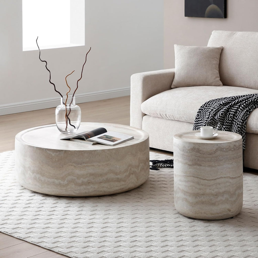 Round Coffee Table Set of 2 for Living Room Modern Drum Center Table Circle Side Tables for Apartment, No Need Assembly (Fiberglass 35.43'' &15.74'')