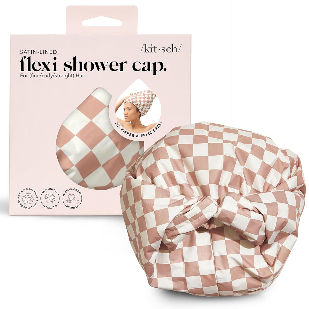 Luxury Shower Caps for Women Reusable Waterproof - Flexi Satin Lined, Large Shower Cap for Men, Non-Slip, Quick-Dry, Adjustable, Stylish Hair Cap for Long & Short Hair - Terracotta Checker