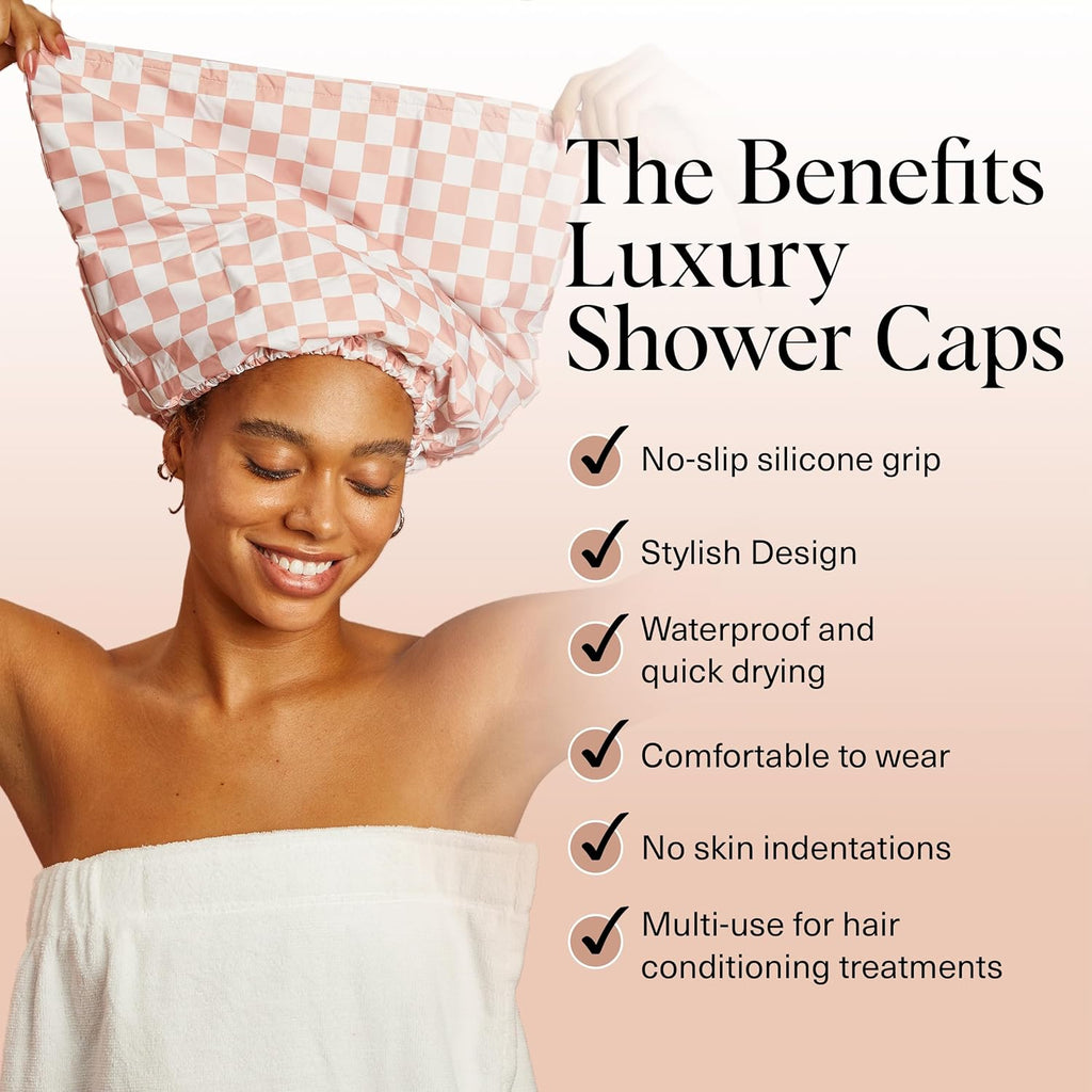 Luxury Shower Caps for Women Reusable Waterproof - Flexi Satin Lined, Large Shower Cap for Men, Non-Slip, Quick-Dry, Adjustable, Stylish Hair Cap for Long & Short Hair - Terracotta Checker