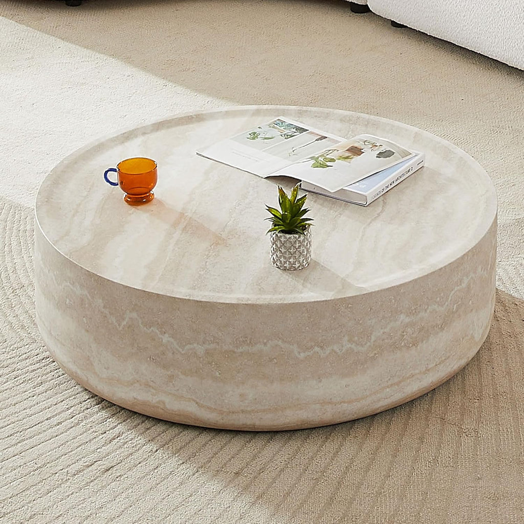 Round Coffee Table Set of 2 for Living Room Modern Drum Center Table Circle Side Tables for Apartment, No Need Assembly (Fiberglass 35.43'' &15.74'')