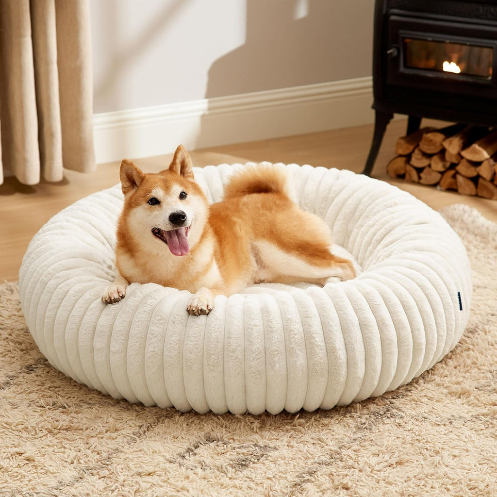 Donut Small Dog Bed - Dog Beds for Small Dogs with Corduroy Fleece & anti Slip Bottom, round Faux Fur Pet Beds with Washable Removable Cover, Cream, 27X27X8 Inches