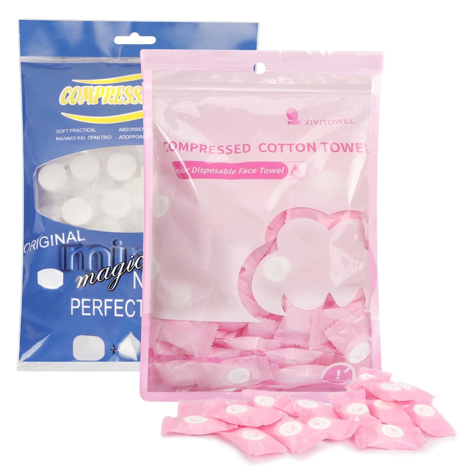 Compressed Towel 100 PCS Mini Tablets Disposable Portable Face Towel Cotton Coin Tissue for Travel, Camping, Hiking, Sport, Beauty Salon, Home Hand Wipes and Other Outdoor Activities Pink