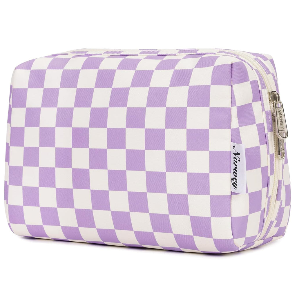 Checkered Makeup Bag Travel Cosmetic Bag Organizer Toiletry Bag Make up Bags with Compartments for Women Girls (Large, Light Checkerboard)
