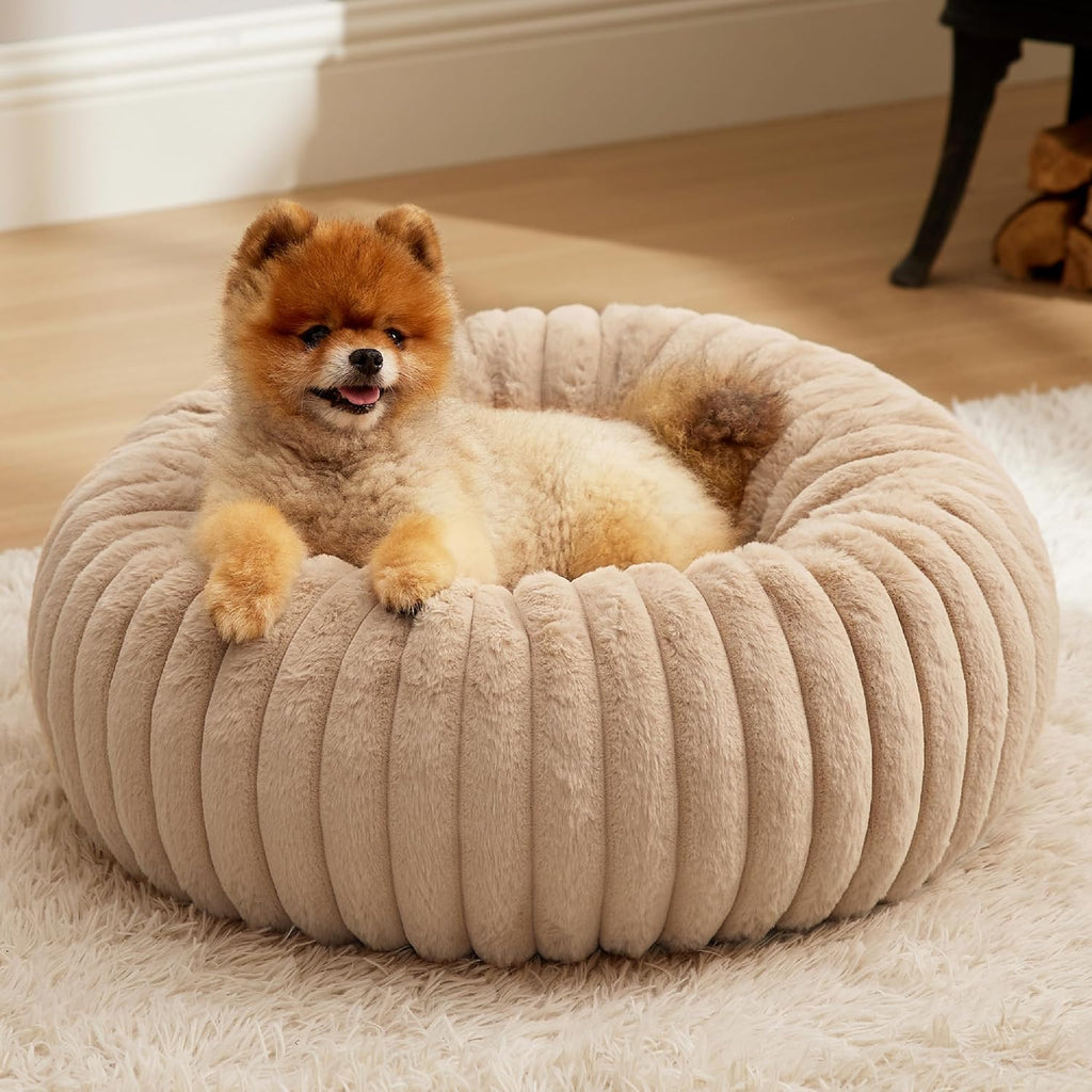 Donut Small Dog Bed - Dog Beds for Small Dogs with Corduroy Fleece & anti Slip Bottom, round Faux Fur Pet Beds with Washable Removable Cover, Cream, 27X27X8 Inches