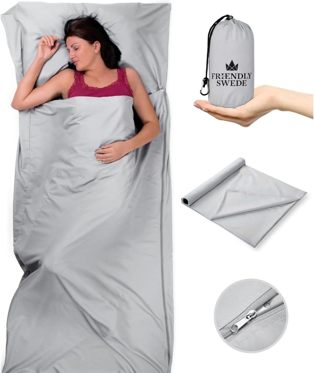 Sleeping Bag Liner Ultralight - Thin Travel Sheets for Hotel W Full Length Zipper; Silky Feel Camping Sheets & Adult Sleep Sack for Backpacking; Travel Sleeping Bag - Grey (Zipper)