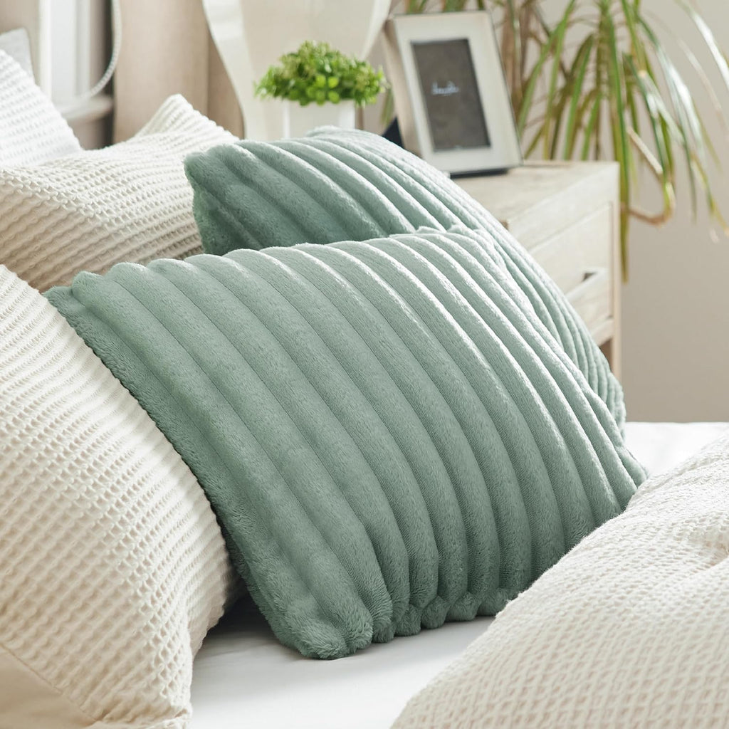 White Throw Pillow Covers 18X18 Set of 2, Soft Decorative Fluffy Striped Sofa Pillow Covers, Home Decor for Living Room Couch Bed