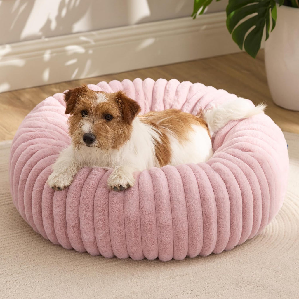 Donut Small Dog Bed - Dog Beds for Small Dogs with Corduroy Fleece & anti Slip Bottom, round Faux Fur Pet Beds with Washable Removable Cover, Cream, 27X27X8 Inches