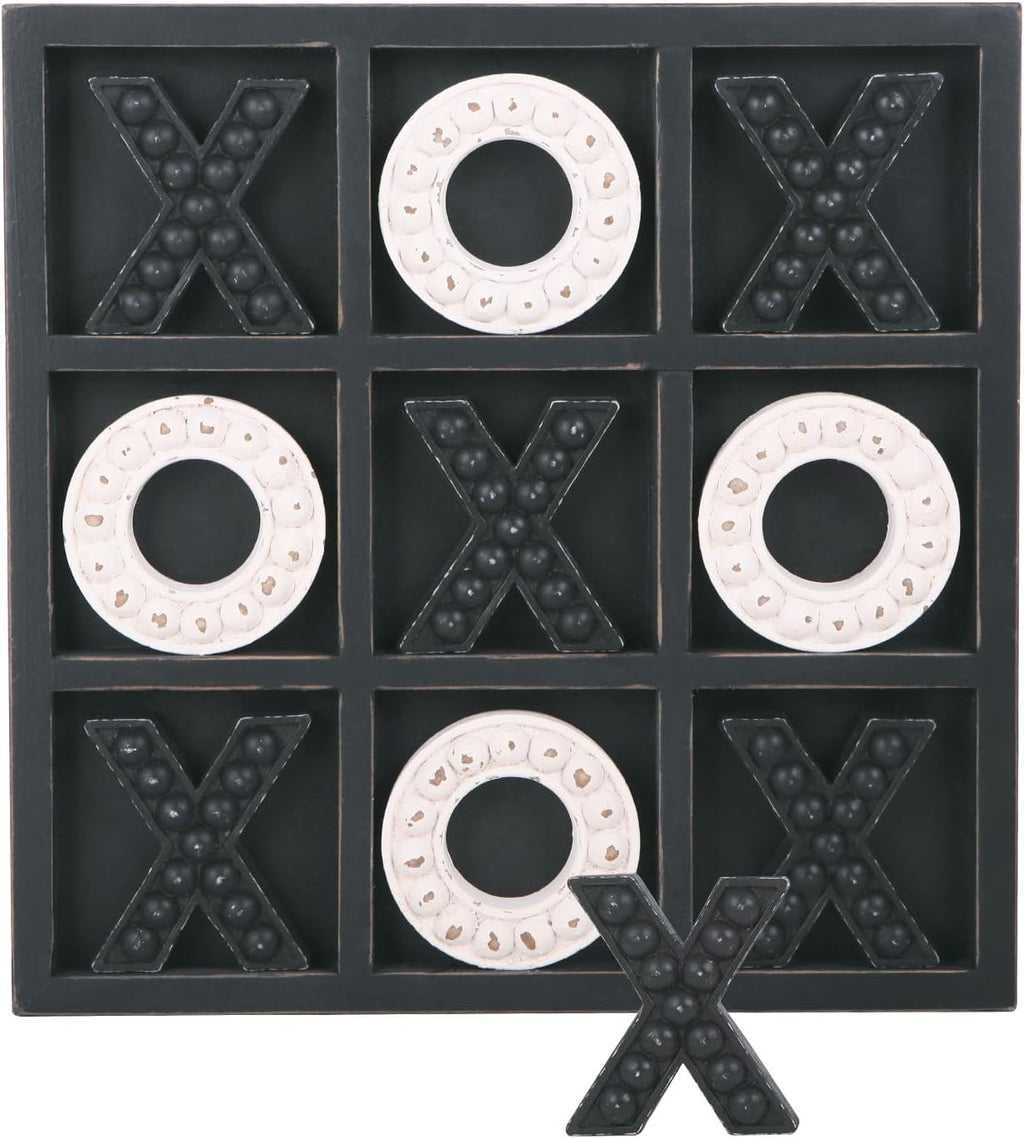 Tic Tac Toe Game Coffee Table Decor, 10.6 Inch Rustic Wooden Board, Black & White
