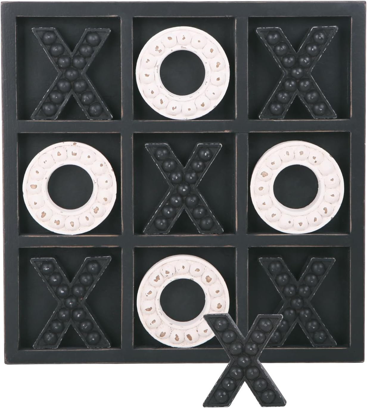 Tic Tac Toe Game Coffee Table Decor, 10.6 Inch Rustic Wooden Board, Black & White