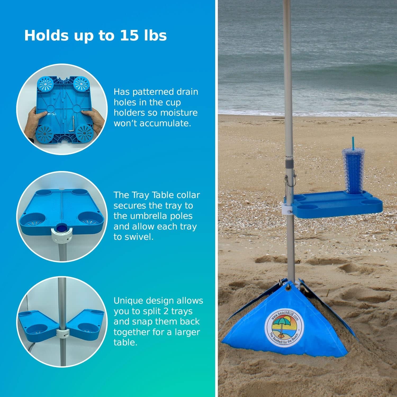 Tray Table System with 4 Cup Holders - Beach Trip Must Have for Vacation - Easy Clip on & Clip off Umbrella