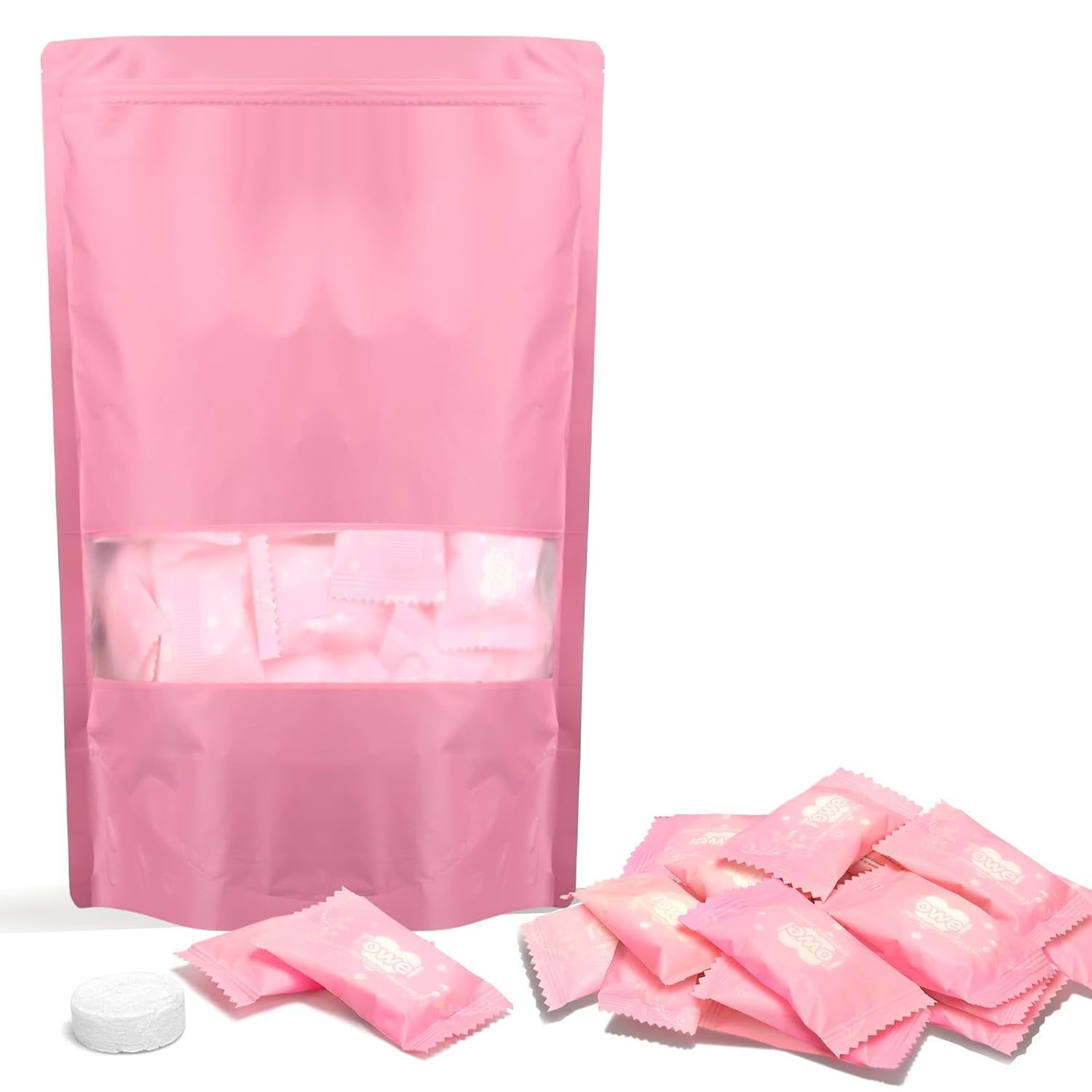 Compressed Towel 100 PCS Mini Tablets Disposable Portable Face Towel Cotton Coin Tissue for Travel, Camping, Hiking, Sport, Beauty Salon, Home Hand Wipes and Other Outdoor Activities Pink