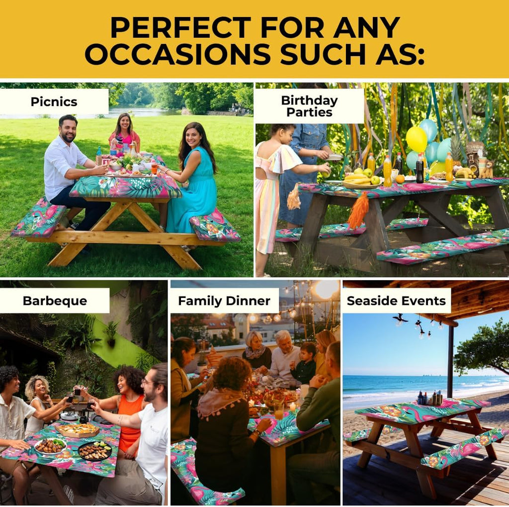 6Ft Polyester Picnic Table Cover with Bench Covers Windproof & Waterproof Tablecloth, Perfect for Camping Gifts & RV Essentials, Cool Camping Gadgets, with Carrying Bag, 72X30 Inches, 4Pcs