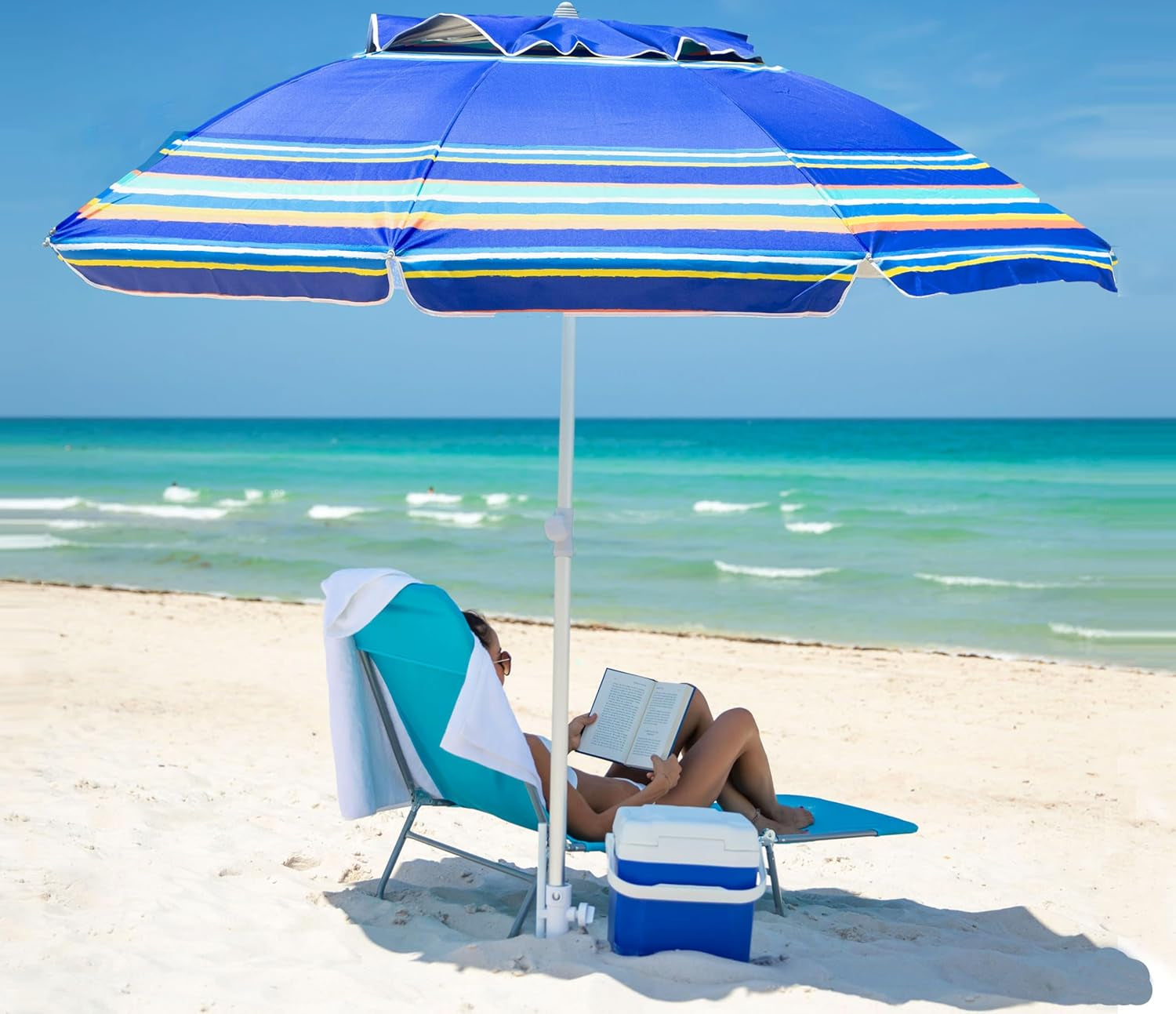7Ft Heavy Duty High Wind Beach Umbrella Parasols with Sand Anchor & Tilt Sun Shelter, UV 50+ Protection Outdoor Sunshade Umbrellas Carry Bag for Patio Garden Pool Backyard Stripe Blue
