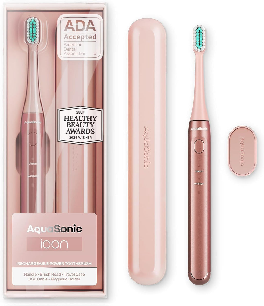 Icon Ada-Accepted Rechargeable Toothbrush | Magnetic Holder & Slim Travel Case | 2 Brushing Modes & Smart Timers | Gentle Micro-Vibrations (Blush)