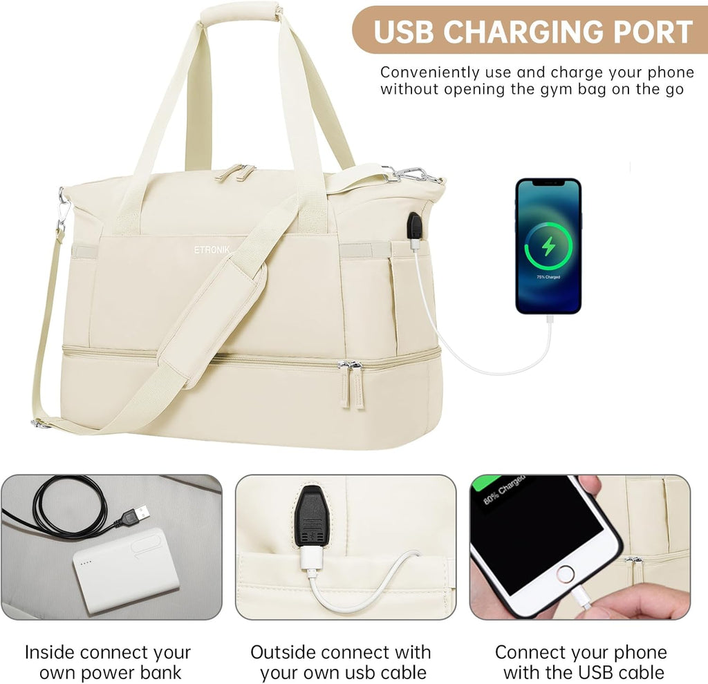 Gym Bag for Women, Personal Item Travel Bag with Shoes Compartment, Weekender Overnight Duffel Bag with Wet Pocket & USB Charging Port, Carry on Bag for Women, Travel, Gym, Weekend (Beige)