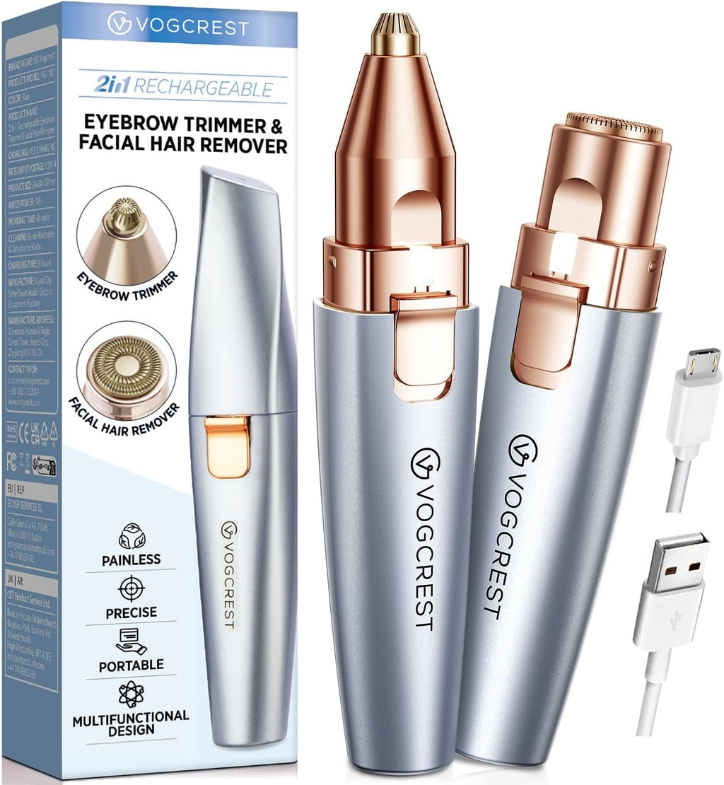 Eyebrow Facial Trimmer: 2 In1 Rechargeable Facial Hair Removal and Eyebrow Shaver - Face Lips Body Painless Facial Razor with Built-In LED Light (White)