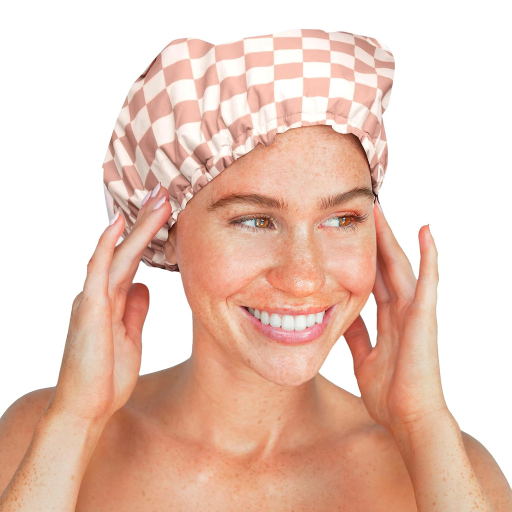 Luxury Shower Caps for Women Reusable Waterproof - Flexi Satin Lined, Large Shower Cap for Men, Non-Slip, Quick-Dry, Adjustable, Stylish Hair Cap for Long & Short Hair - Terracotta Checker