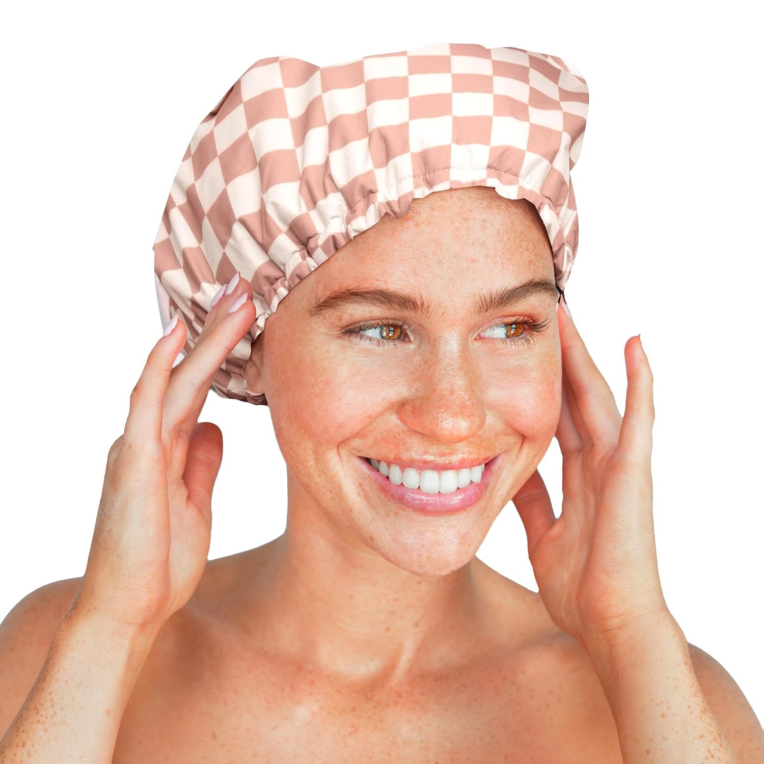 Luxury Shower Caps for Women Reusable Waterproof - Flexi Satin Lined, Large Shower Cap for Men, Non-Slip, Quick-Dry, Adjustable, Stylish Hair Cap for Long & Short Hair - Terracotta Checker
