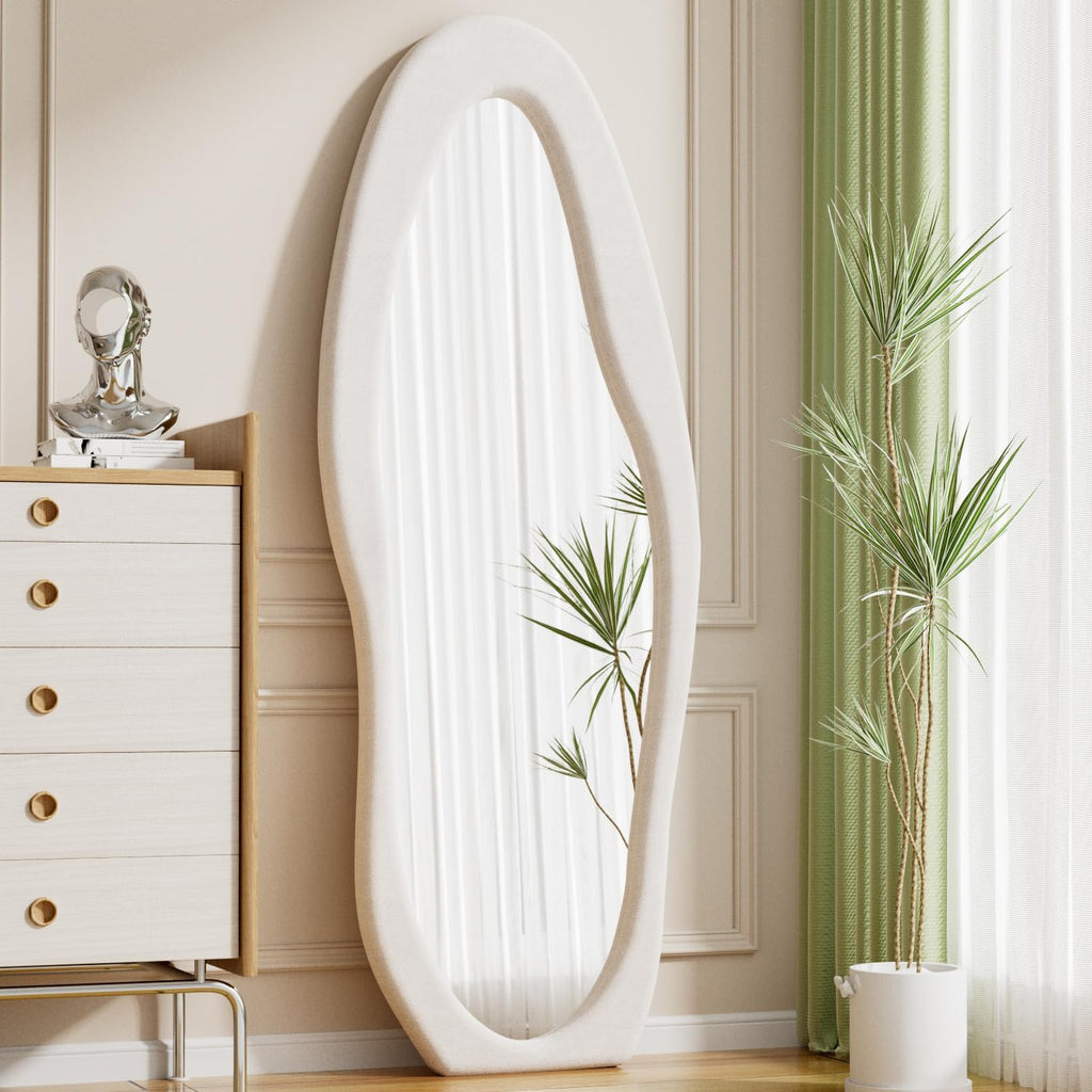 Full Length Mirror, 63" X 24"Irregular Wavy Mirror, Large Floor Length Mirrors Wall Mounted, Standing Wavy Mirrors with Flannel Wrapped Wooden Frame for Bedroom/Living Room, White