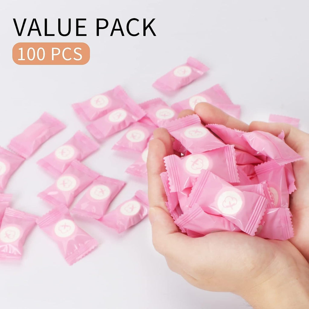 Compressed Towel 100 PCS Mini Tablets Disposable Portable Face Towel Cotton Coin Tissue for Travel, Camping, Hiking, Sport, Beauty Salon, Home Hand Wipes and Other Outdoor Activities Pink