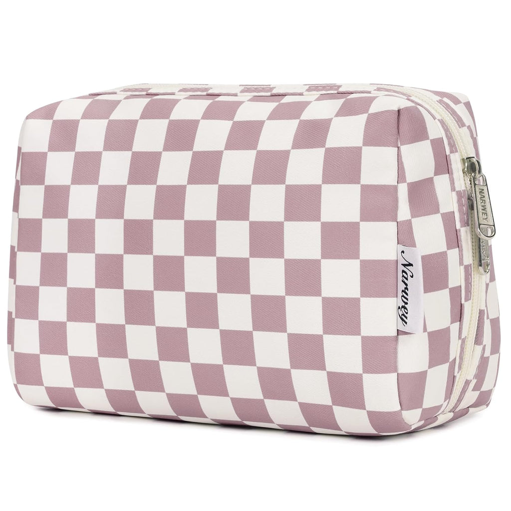 Checkered Makeup Bag Travel Cosmetic Bag Organizer Toiletry Bag Make up Bags with Compartments for Women Girls (Large, Light Checkerboard)