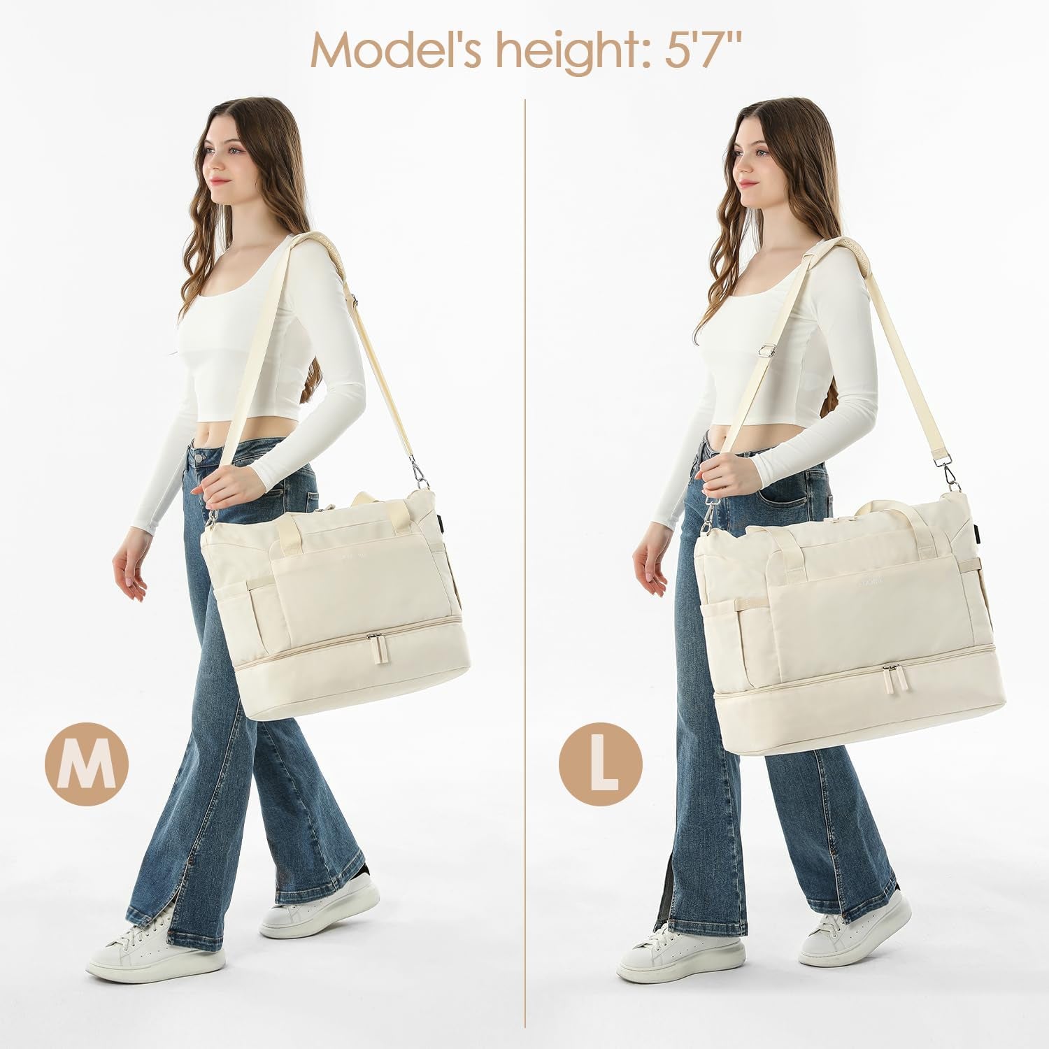 Gym Bag for Women, Personal Item Travel Bag with Shoes Compartment, Weekender Overnight Duffel Bag with Wet Pocket & USB Charging Port, Carry on Bag for Women, Travel, Gym, Weekend (Beige)