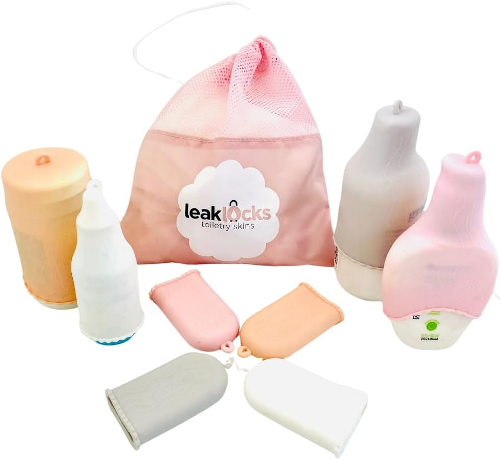 Leaklocks® Toiletry Skins™ Elastic Sleeve for Leak Proofing Travel Container in Luggage. for Standard and Travel Sized Toiletries. Reusable Accessory for Travel Bag Suitcase and Carry-On Luggage