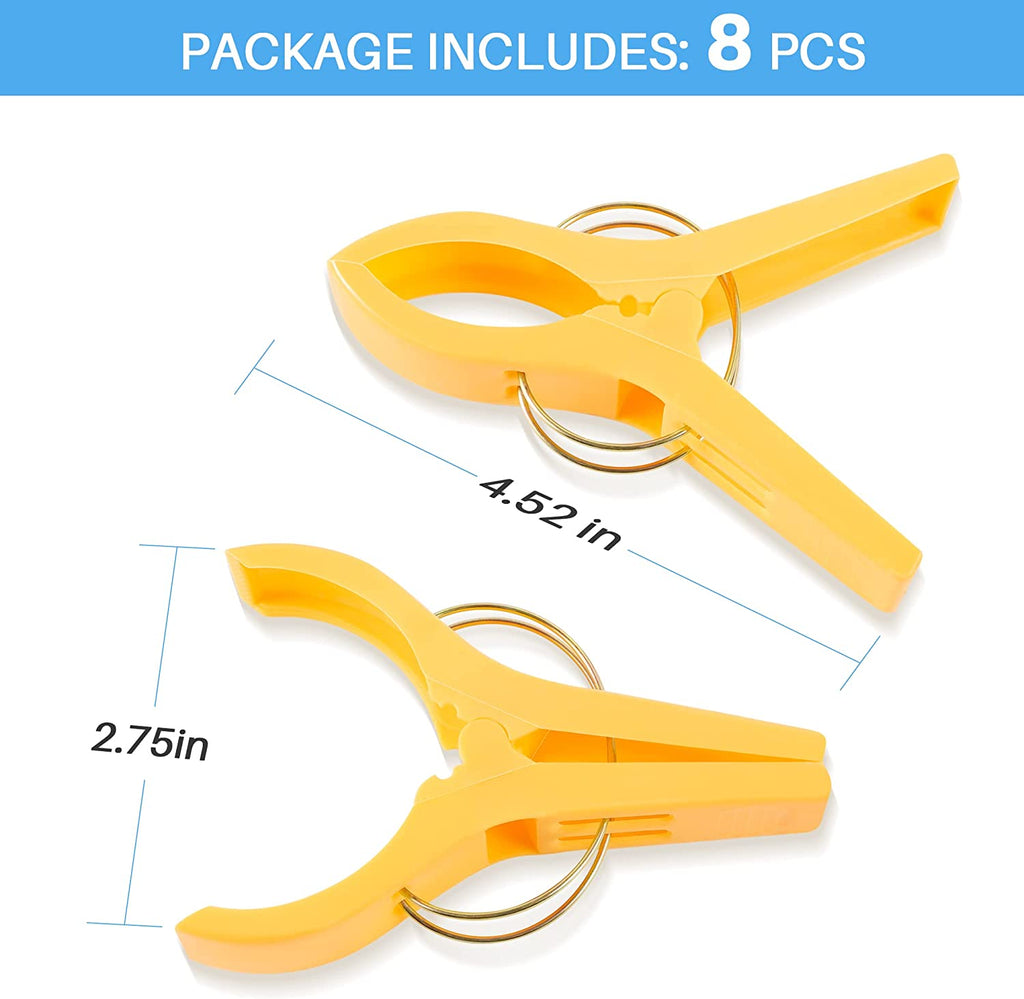 Beach Towel Clips Chair Clips Towel Holder,Plastic Clothes Pegs Hanging Clip Clamps, Yellow,Blue,Green,Red (Pack of 8)