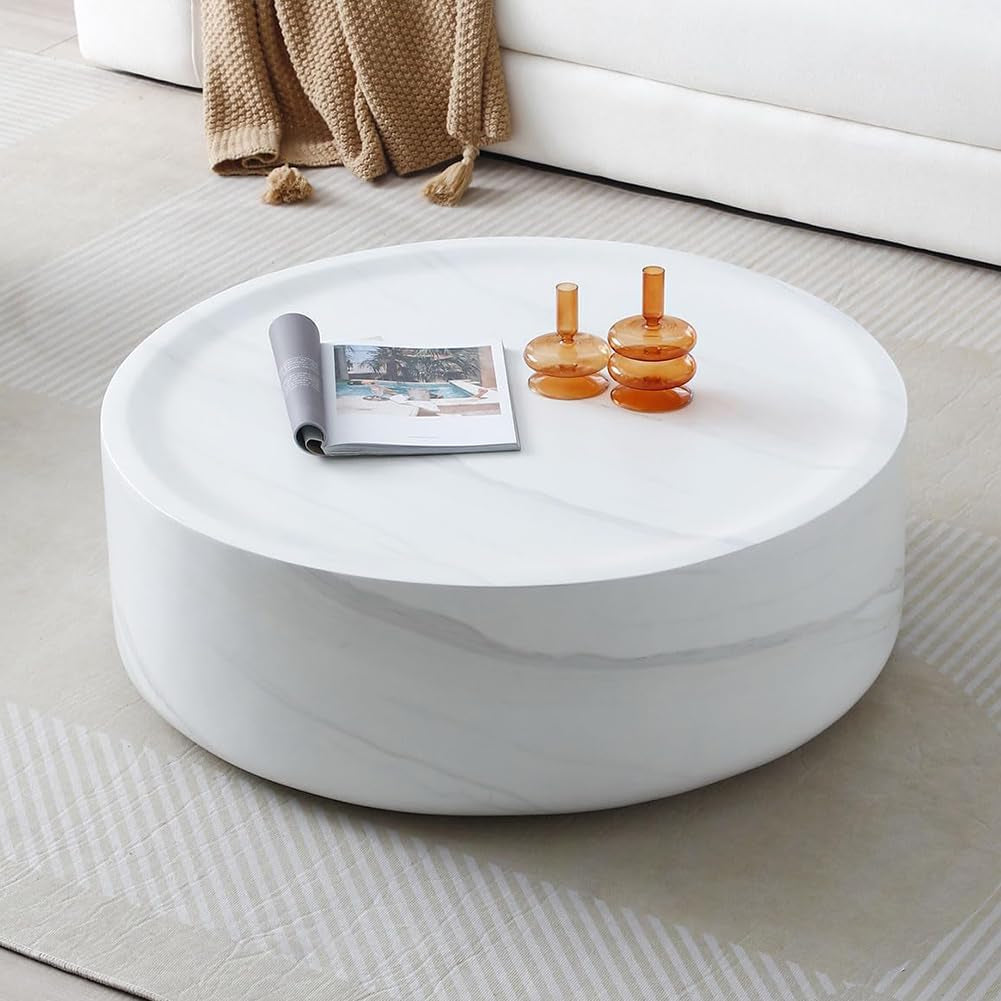 Round Coffee Table Set of 2 for Living Room Modern Drum Center Table Circle Side Tables for Apartment, No Need Assembly (Fiberglass 35.43'' &15.74'')