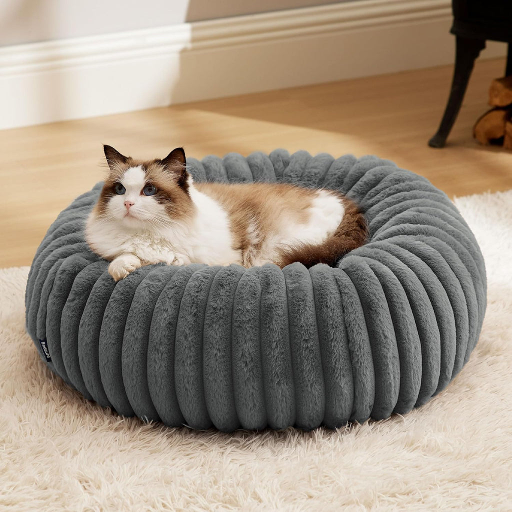 Donut Small Dog Bed - Dog Beds for Small Dogs with Corduroy Fleece & anti Slip Bottom, round Faux Fur Pet Beds with Washable Removable Cover, Cream, 27X27X8 Inches