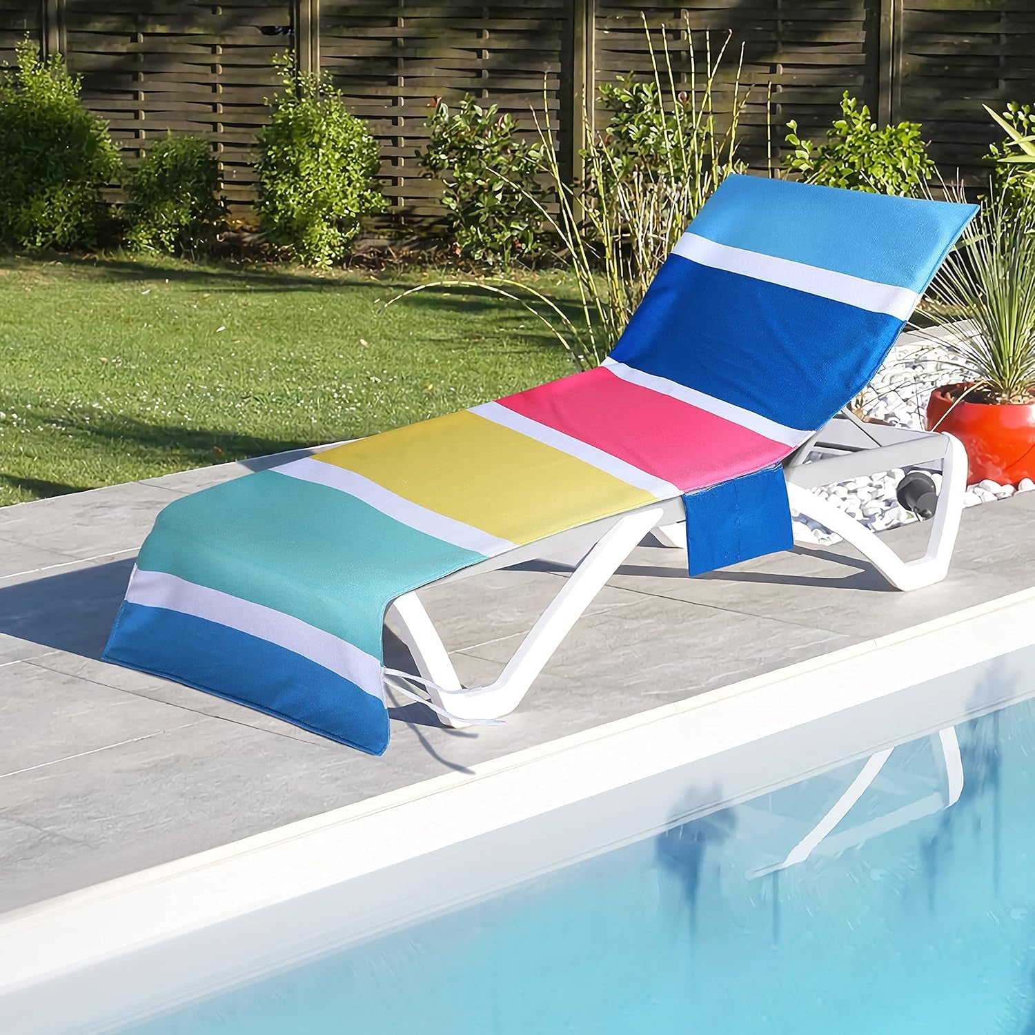 Chaise Lounge Chair Towel Cover with Side Pockets, Soft Microfiber, 80" X 26" Chair Cover for Beach/Pool Sunbathing Holiday, Patio (Stripe)