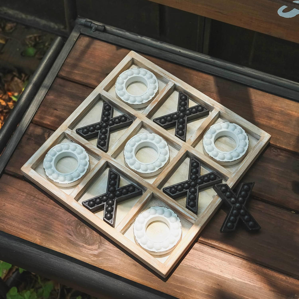 Tic Tac Toe Game Coffee Table Decor, 10.6 Inch Rustic Wooden Board, Black & White