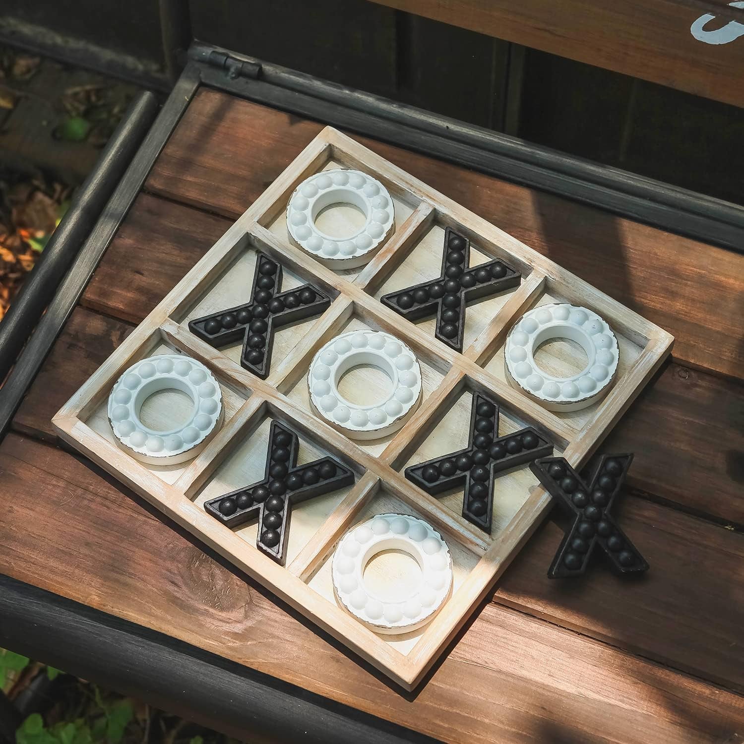 Tic Tac Toe Game Coffee Table Decor, 10.6 Inch Rustic Wooden Board, Black & White