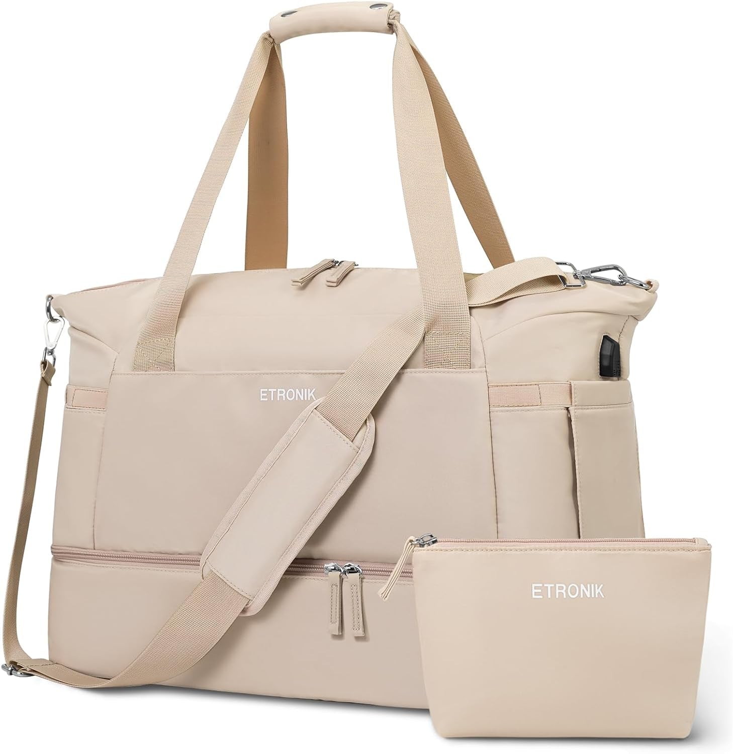Gym Bag for Women, Personal Item Travel Bag with Shoes Compartment, Weekender Overnight Duffel Bag with Wet Pocket & USB Charging Port, Carry on Bag for Women, Travel, Gym, Weekend (Beige)
