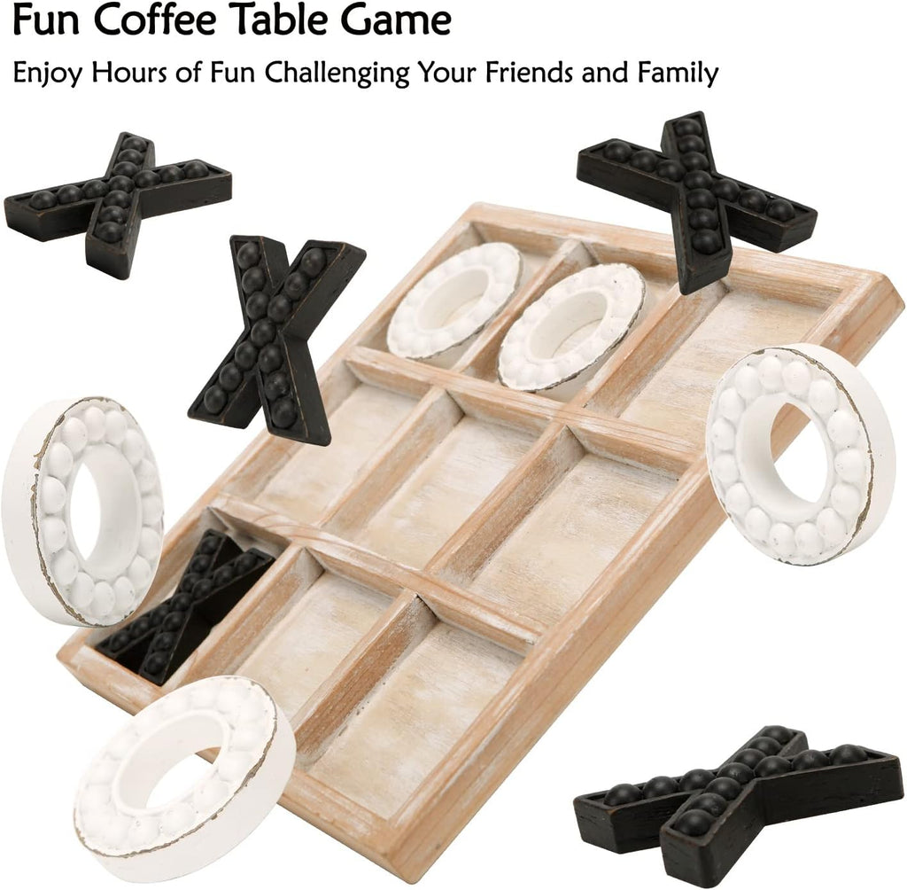 Tic Tac Toe Game Coffee Table Decor, 10.6 Inch Rustic Wooden Board, Black & White