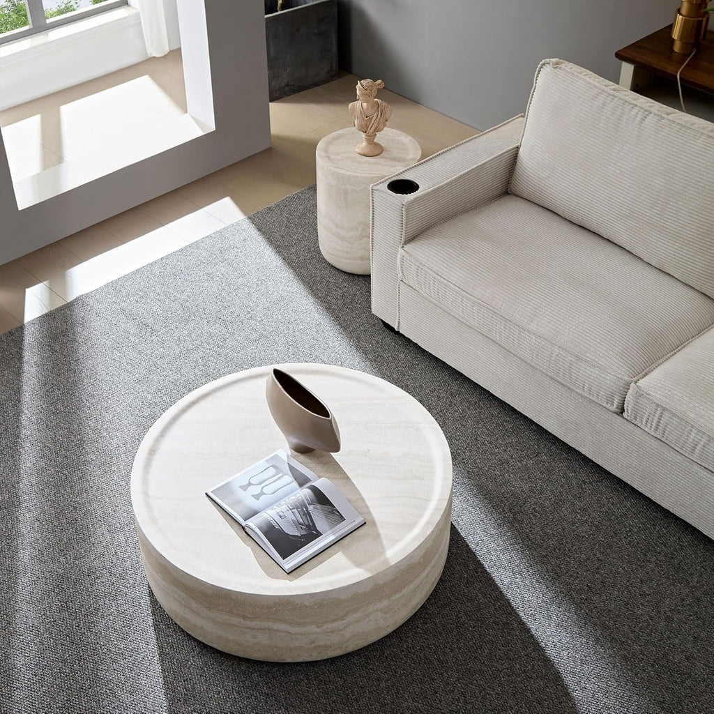 Round Coffee Table Set of 2 for Living Room Modern Drum Center Table Circle Side Tables for Apartment, No Need Assembly (Fiberglass 35.43'' &15.74'')