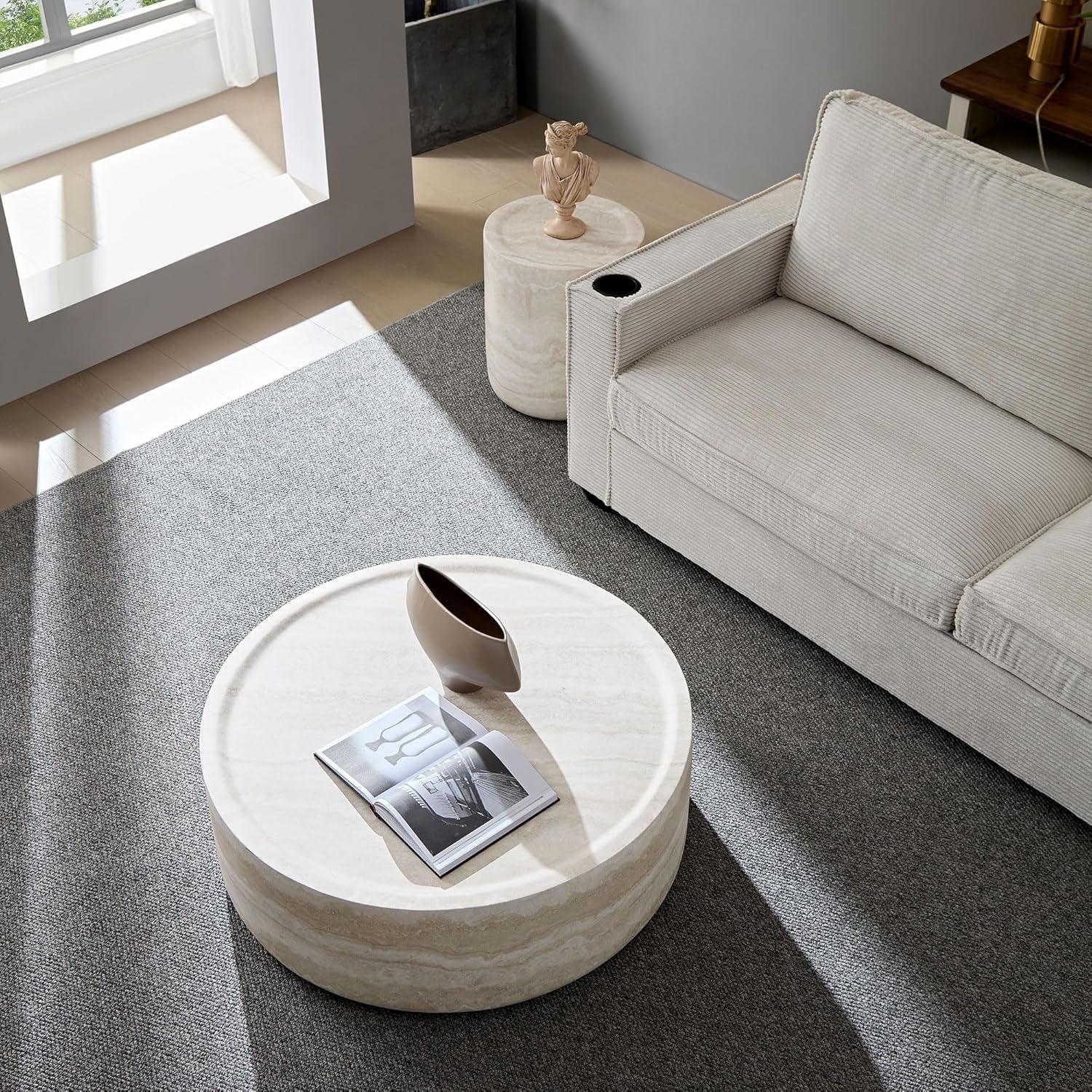 Round Coffee Table Set of 2 for Living Room Modern Drum Center Table Circle Side Tables for Apartment, No Need Assembly (Fiberglass 35.43'' &15.74'')