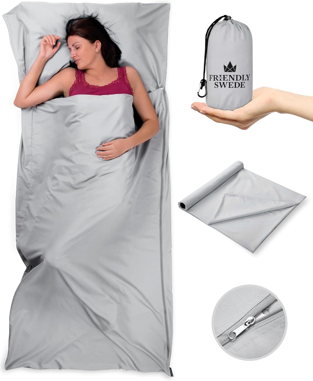 Sleeping Bag Liner Ultralight - Thin Travel Sheets for Hotel W Full Length Zipper; Silky Feel Camping Sheets & Adult Sleep Sack for Backpacking; Travel Sleeping Bag - Grey (Zipper)