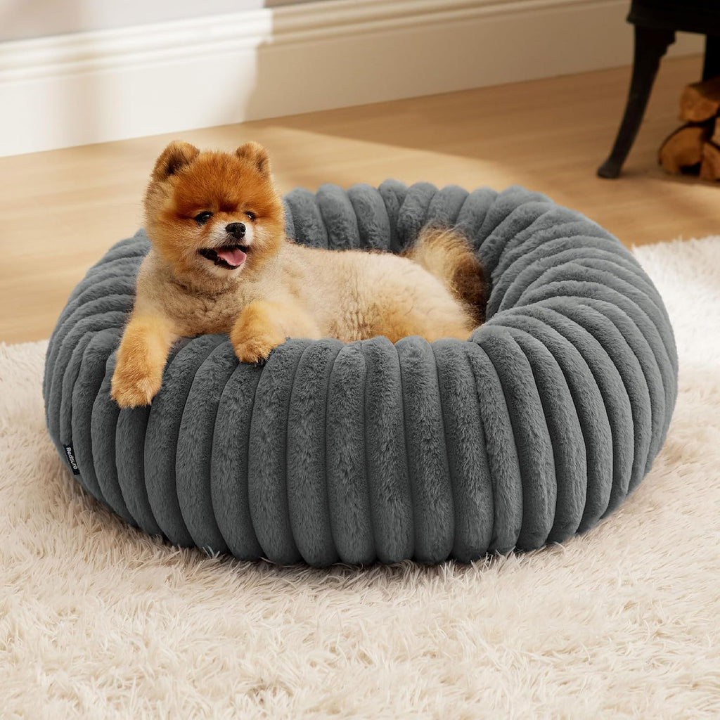 Donut Small Dog Bed - Dog Beds for Small Dogs with Corduroy Fleece & anti Slip Bottom, round Faux Fur Pet Beds with Washable Removable Cover, Cream, 27X27X8 Inches