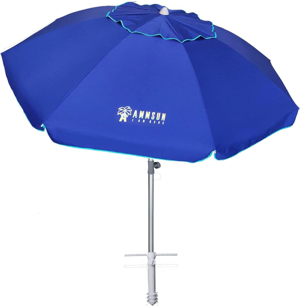 7Ft Heavy Duty High Wind Beach Umbrella Parasols with Sand Anchor & Tilt Sun Shelter, UV 50+ Protection Outdoor Sunshade Umbrellas Carry Bag for Patio Garden Pool Backyard Stripe Blue