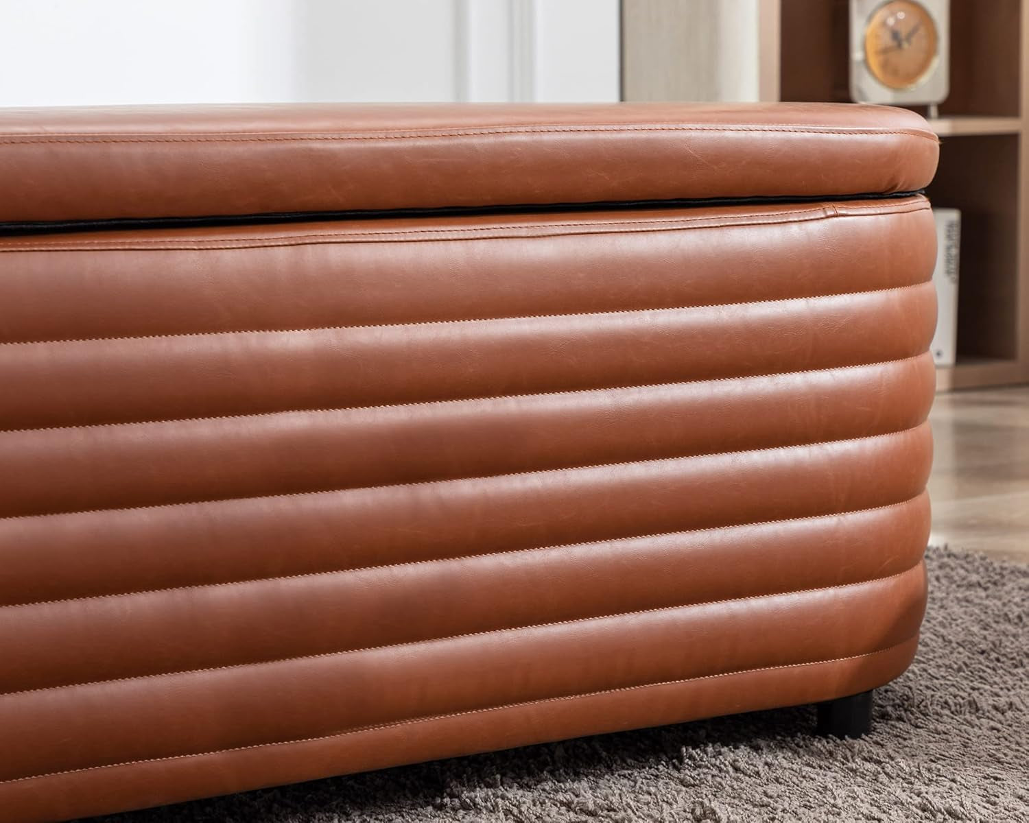 Storage Ottoman Bench Upholstered PU Leather End of Bed Stool with Safety Hinge for Bedroom, Living Room, Entryway (44.5-Inch, Brown), TN2436